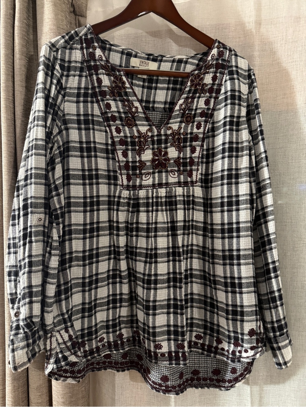 Vintage America Black, White & Burgundy Plaid Embroidered Tunic